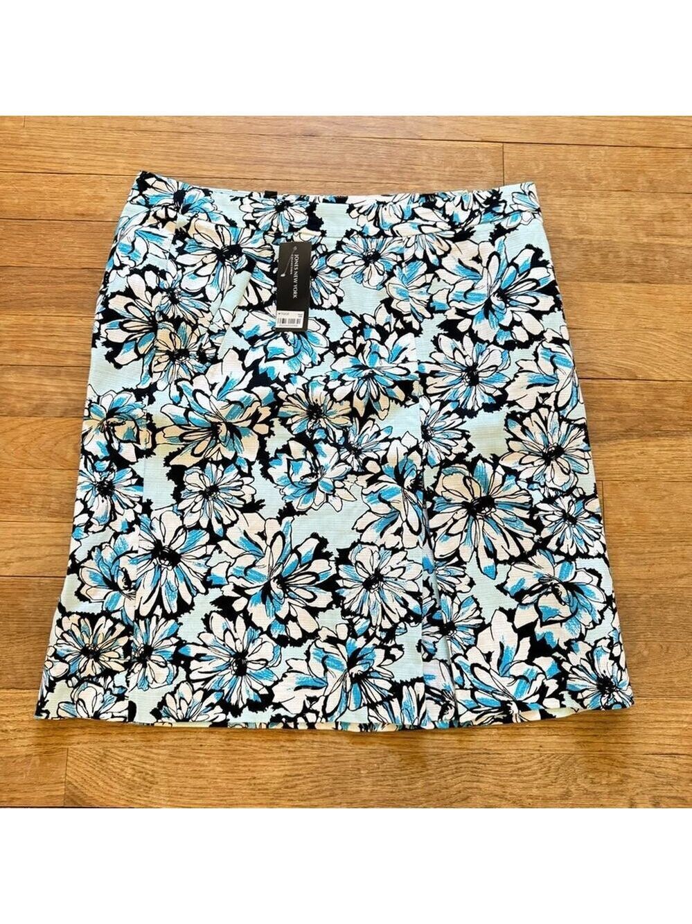 Jones New York Blue Black White Floral A-Line Skirt NWOT